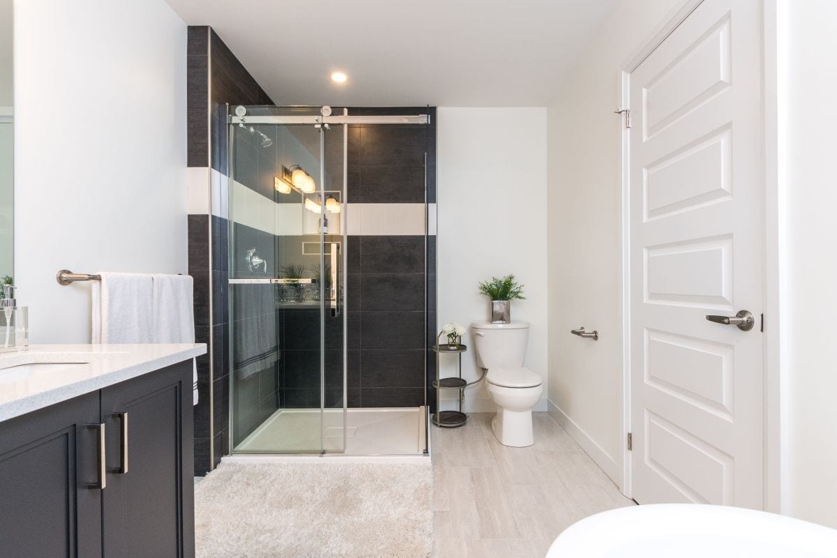 white and black bathroom with walk in shower
